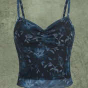 Resim Floral Print V-neck Ruched Cami Üstü, Vintage Kolsuz Mesh Crop Üstü Bahar ve Yaz için, Kadın Giyim 