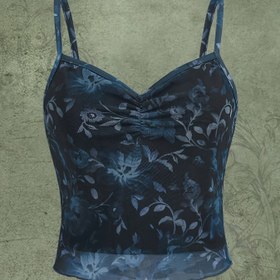 Resim Floral Print V-neck Ruched Cami Üstü, Vintage Kolsuz Mesh Crop Üstü Bahar ve Yaz için, Kadın Giyim 