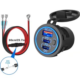 Resim Üçlü Portlu Hızlı Araç Şarj Cihazı USB Çıkışı Tip-C Soketli, PD 3.0 & QC 3.0, Düğme Anahtarı, 12V/24V Araçlar, Tekneler, ATV'ler, Otobüsler, Kamyonlar, RV'ler, Motosikletlerle Uyumlu - Pil Gerektirmez 
