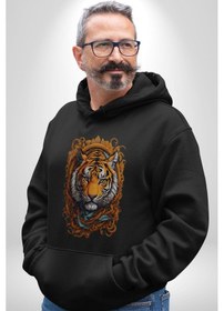 Resim Kaplan Süs Kadın Erkek Siyah Kapüşonlu Sweatshirt Hoodie Siyah 