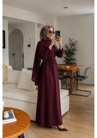 Resim Kadın Bordo Şal Yaka Viskon Tesettür Elbise Belden Bağcıklı Uzun Kollu 