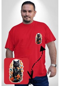 Resim Angemiel Çiçekli Kırmızı Kedi Etiket Kırmızı Büyük Beden Kadın Basic Minimal Baskılı Tişört Kırmızı 