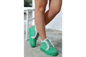 Resim Mida Shoes Simya Yeşil Süet Bağıcıklı Kürklü Kadın Bot 