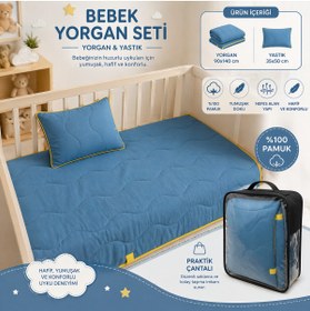Resim Home %100 Pamuk Bebek Yorgan Seti 90x140 cm - Yastıklı, Çantalı Mavi 