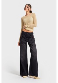 Resim Itsbasic Kadın Koyu Füme Renk 2w5-1 Palazzo Fit Bol Kesim Cep Detaylı %100 Koton Denim Jean 