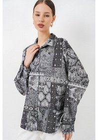 Resim Bigdart Kadın Oversize Desenli Saten Gömlek 20365 - Antrasit 