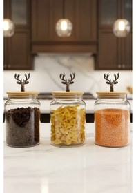 Resim 3 Lü Bambu Kapaklı Metal Geyik Figürlü Kavanoz Seti - Orta Boy Saklama Kabı 890cc - Siyah Siyah 