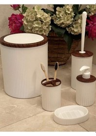 Resim Home Banyo Seti 5'li, Beyaz, Ahşap Desenli, Yuvarlak Siyah 
