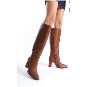 Resim Mubiano Hakiki Deri Collection Kadın Fermuar Detaylı Topuklu Düz Çizme Taba - Mcalm4242 - Tb Taba 