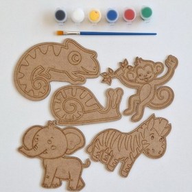Resim Boya, Eğlen, Keşfet - Çocuklar İçin Eğitici Safari 5 Parça Ahşap Boyama Seti 
