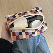 Resim Yaratıcı Retro Çok Renkli Ekose Yastık Kılıfı, Kadınlar İçin Temel Seyahat Aksesuarı, Cilt Bakımı Organizatör Çantası, Makyaj Çantası, Para ve Ruj Saklama Çantası, Hijyenik Ped Tutucu, Makyaj Fırçası Seti Kutusu, Fermuarlı Kozmetik Çanta 