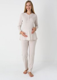 Resim Çiçek Desenli Penye Sabahlıklı 3'lü Hamile Lohusa Pijama Takımı - 3452 - Mavi / L / Terlik ve Taç Seti İstemiyorum 