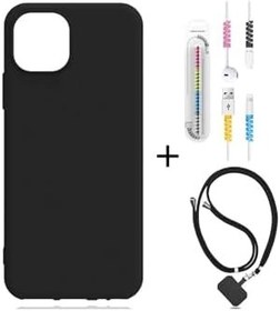 Resim kilifland Apple Iphone 12 Pro Max ile Uyumlu Kılıf Siyah Silikon+kablo Koruyucu+boyun Askısı 
