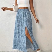 Resim Yüksek Bel Tasarımı ve Yan Yırtma ile Yeşil Çiçek Desenli Maxi Etek - Şık Tatil Kıyafeti, Polyester, Bahar/Yaz/Sonbahar, Rahat Yazlık Giyim | Çiçek Desenli Etek | Polyester Kumaş 