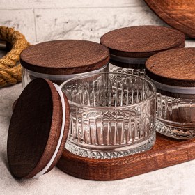 Resim Snippy Bella Kare Tepsili 4'lü Ahşap Vakumlu Kapaklı Cam Kahvaltılık Çok Amaçlı Cam Çerezlik 235 ml 