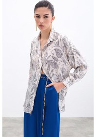 Resim Sateen Desenli Saten Gömlek - Ekru-135962 Ekru 