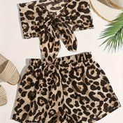 Resim Yelek ve Eşleşen Şortlu Seksi Omuz Düzenli Üst - Tropikal Yaprak Desenli, Siyah ve Mavi, Polyester, Tatil için Mükemmel, Leopar Desenli Moda 