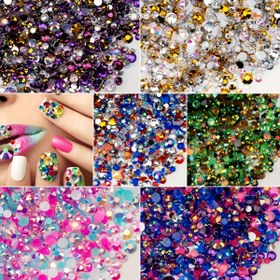 Resim Renkli Düz Sırtlı Rhinestones Seti, 3000 parçalık 2-6mm Karma Boyutlu Çok Renkli Reçine Yuvarlak Boncuklar, El Sanatları, Tırnaklar, Tüpler, Ayakkabılar, Yüz Sanatı Dekorasyonu için - 30g Paket 