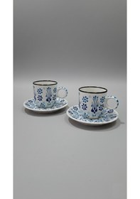 Resim 2'li El Yapımı Türk Kahvesi Fincan Seti, Seramik 4 Parça 2 Kişilik Kahve Fincan Takımı Beyaz Beyaz 