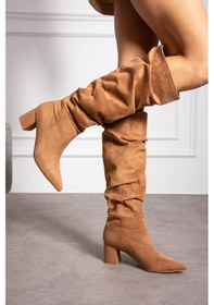 Resim Shoetek Annaliz Kadın Çizme Kalın Topuklu Körüklü Taba Süet TABA SÜET 