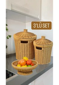 Resim 3'lü Hasır Set Kapaklı 2 Boy Patates Soğan Sepet Ve 26 Cm Meyveli 