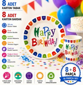 Resim Renkli Happy Birthday Tabak Bardak Set 8 Tabak 8 Bardak 
