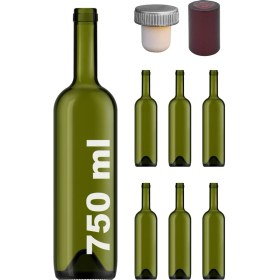 Resim Afracam 750 ml Yeşil Şarap Şişesi Gri Sentetik Mantar Tıpalı ve Bordo Kapüşonlu Dibi Çukur Cam Şişe 6 Adet 