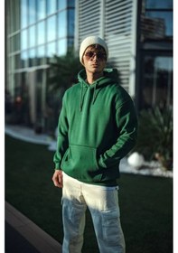 Resim Barlashive Erkek 3 İplik Pamuklu Kapüşonlu Basic Sweatshirt Hoodie - Haki Çok Renkli 