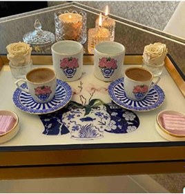Resim Fın170 Blue Blanc Pembe Gül Espresso, Double Türk Kahvesi Fincanı Kulpsuz Bardak Açık Gri 