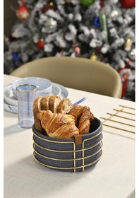 Resim Altın Yuvarlak Ekmek Sepeti Şık,ekmeklik Mavi Hasır Örmeli Makrome-çok Amaçlı Metal Paslanmaz Altın 