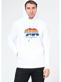 Resim Süzene Nakış Ayı Baskılı Kapüşonlu Beyaz Sweatshirt Polarlı Çok Renkli 