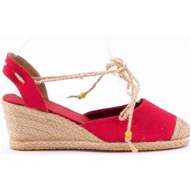 Resim Gerçek Elişi Bilekten Bağcıklı Topuğu Açık Dolgu Topuk Kırmızı Keten Hasır Espadril Handmade Kırmızı 