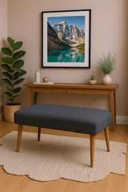 Resim Modern Keten Kumaş Puf Bench 90x45 cm - Demonte Ahşap Ayaklı Oturma Pufu - Koyu Gri 