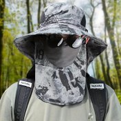 Resim 1 adet Erkek Yaz Geniş Kenarlı Balıkçılık Şapkası, Çıkarılabilir Nefes Alabilen Yüz Maskesi, UPF Güneş Koruma, Hafif Polyester, Dış Mekan Yürüyüşü ve Balıkçılık için Ayarlanabilir Boyun Askısı 