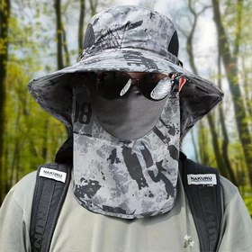 Resim 1 adet Erkek Yaz Geniş Kenarlı Balıkçılık Şapkası, Çıkarılabilir Nefes Alabilen Yüz Maskesi, UPF Güneş Koruma, Hafif Polyester, Dış Mekan Yürüyüşü ve Balıkçılık için Ayarlanabilir Boyun Askısı 