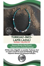 Resim OSMANLI DEĞERLİ TAŞ Afrika Asaleti, Hakiki Turkuaz, Inci Ve Lapis Lazuli Doğal Taşlı Gümüş Kapama Tasarım Kolye 