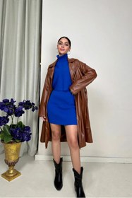 Resim Rabia Çelik Kadın Kahverengi Astarlı Kuşak Bağlamalı Kışlık Suni Deri Trençkot 