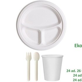 Resim Ekolojik 26 Cm. 3 Bölmeli 24 Kişilik Parti Piknik Sofra Sunum Seti -tabak Bardak Çatal Kaşık Takımı 