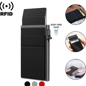 Resim 1 adet Erkek RFID Kredi Kartı Tutucu, Akıllı Cüzdanlar Banka Kart Tutucu Metal İnce Slim Pop Up Alüminyum Minimalist Cüzdan 