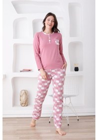 Resim Alimer Ekoseli Kadın Pijama Takımı - 3 Düğmeli Uzun Kollu Likralı Penye Cepli Alt Gül Kurusu 