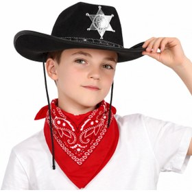 Resim ZERO LAND SEMEGLBL Çocuk Kovboy Şapka Rozetli Siyah &amp; Kırmızı (120325) Bandana Seti 