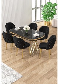 Resim Canisa Zae Serisi 90x168 Lak Panel Siyah Mermer Desen Gold Ayak Masa Takımı 6 Siyah Sandalye Sonata Masa Siyah Sandalye Ayaklar Gold 