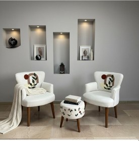 Resim Azra Mobilya Punch Model Çay Seti 2 Berjer + Puf Desenli Butik Koltuk Takımı - Sarmaşık Beyaz 