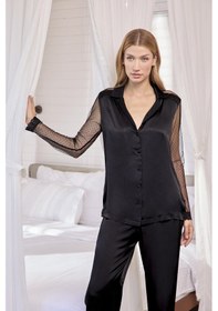 Resim Monamise Kadın Dantelli Ve Tüllü Uzun Kollu Önü Düğmeli Pijama Takımı 18626 Siyah 