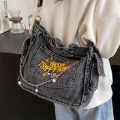 Resim 1pc Y2K Moda Kanvas Taşıma Çantası, Preppy Koyu Gri Zincir ve Dikiş ile, Hafif ve Katlanabilir, Fermuar Kapatma, Polyester Astarlı, Ayarlanabilir Omuz Askısı, Büyük Kapasiteli Çapraz Vücut Okul Çantası 