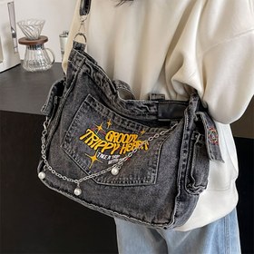 Resim 1pc Y2K Moda Kanvas Taşıma Çantası, Preppy Koyu Gri Zincir ve Dikiş ile, Hafif ve Katlanabilir, Fermuar Kapatma, Polyester Astarlı, Ayarlanabilir Omuz Askısı, Büyük Kapasiteli Çapraz Vücut Okul Çantası 