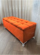 Resim Çizgi Kapitoneli Sandıklı Puf 100 Cm Beyaz Ayak Turuncu 