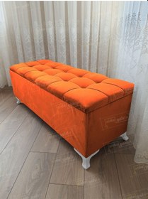 Resim Çizgi Kapitoneli Sandıklı Puf 100 Cm Beyaz Ayak Turuncu 