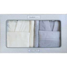 Resim Ditsy Aile Bornoz Seti- Krem Gri Renklı 