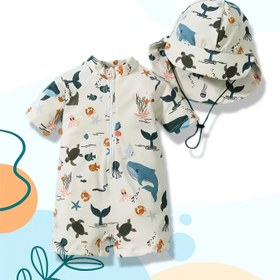 Resim Erkek Çocuklar için Deniz Hayvanı Baskılı Tek Parça Mayo ve Eşleşen Şapka - Esnek, Hızlı Kuruyan Polyester - Bej, Mavi, Yeşil, Turuncu, Pembe, Mor, Sarı, Beyaz Tasarım, Yüzme Kıyafetleri 